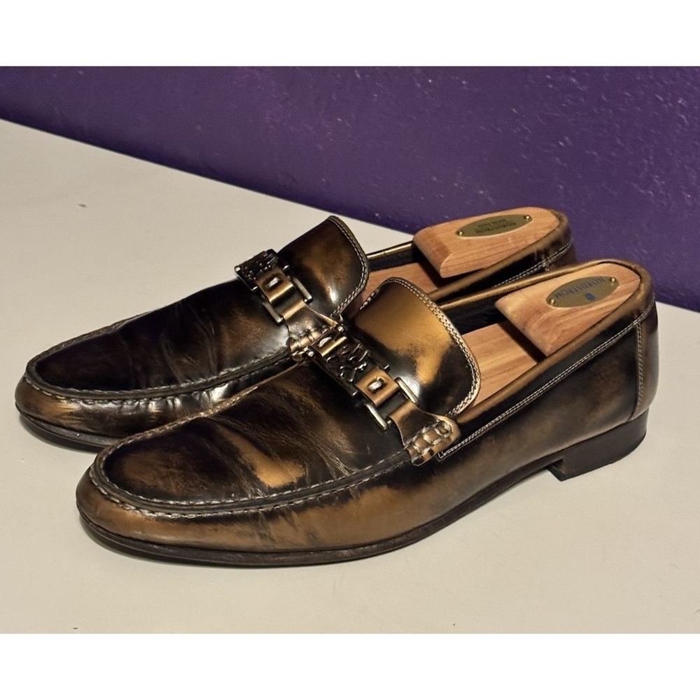 Mezlan Custom Pinhead Brown Black High Gloss Leather Loafers 10.5 Men Rare